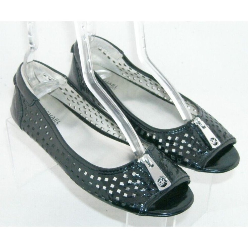 Michael Kors Moxley black patent leather laser cut zip peep toe flats 9.5M